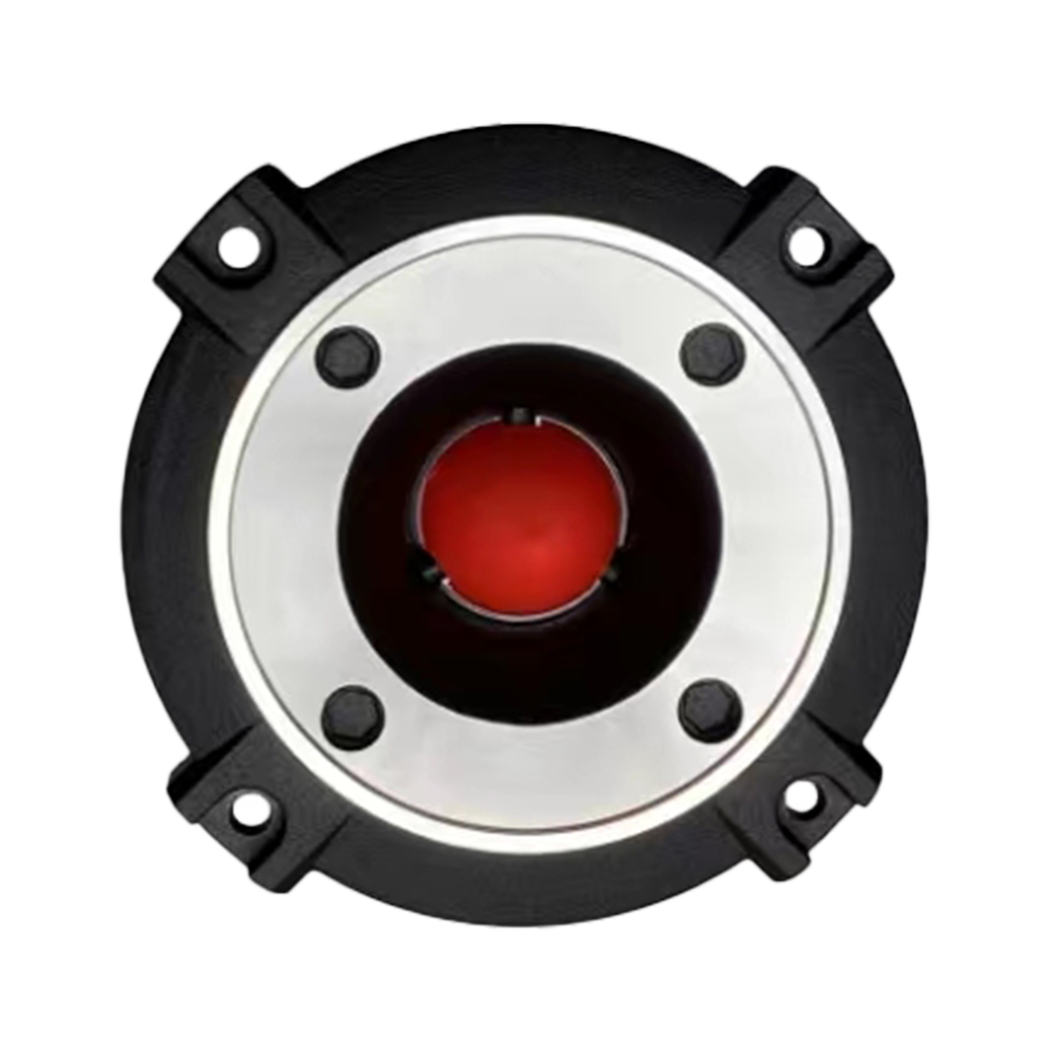 The CVPX1 - CVPX Series 1" Bullet Horn Tweeter showcases a circular black design with a silver inner ring and red center, featuring four sections with small screws around the edge. The industrial look is highlighted by horn-loaded drivers encircling the red center.
